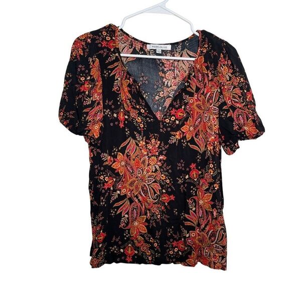 Rose + Olive Blouse Women's Small V-Neck Floral Short Sleeve Puff Artsy Top - Picture 1 of 10